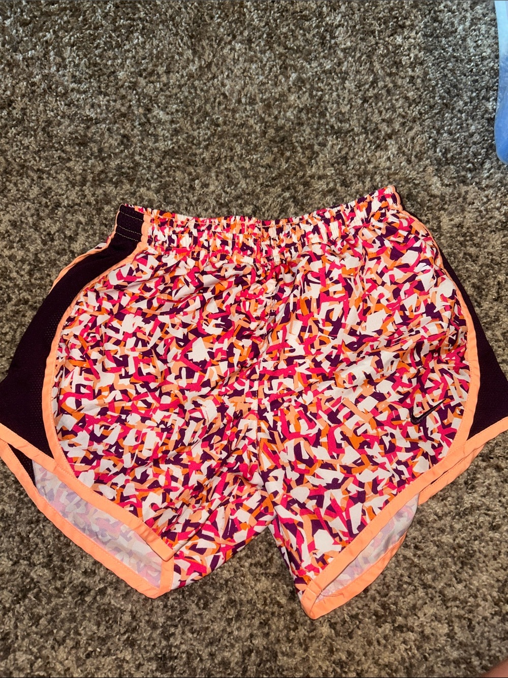 Nike Girls Pink Multi-Print Athletic Shorts with Peach Trim